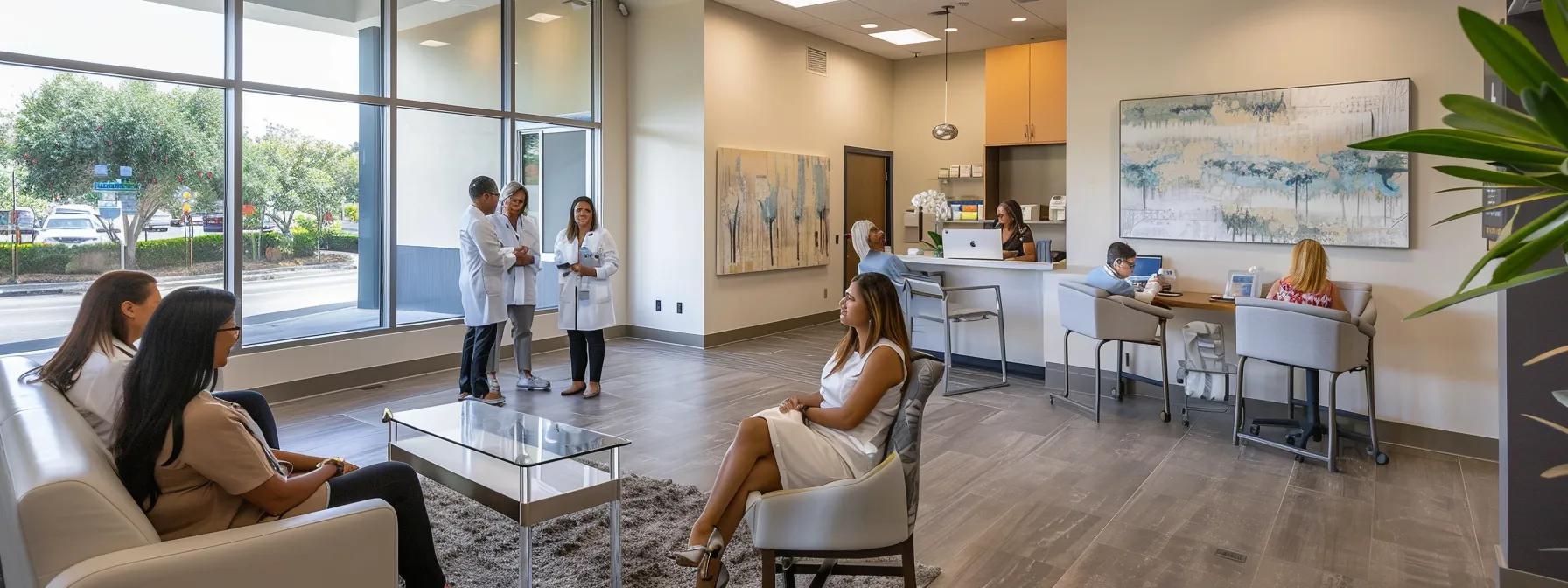 in a sleek, modern weight loss clinic in orange county, diverse patients engage with attentive doctors who are administering fda-approved injections and analyzing medical charts, all within a professional, clean environment that radiates confidence and wellness.