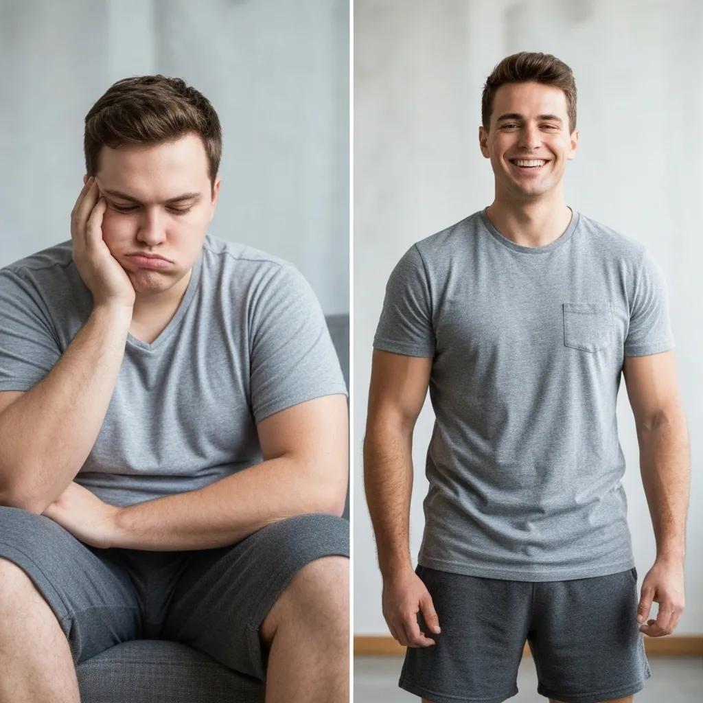 Before-and-after transformation of a patient showcasing successful weight loss achieved through a medical program