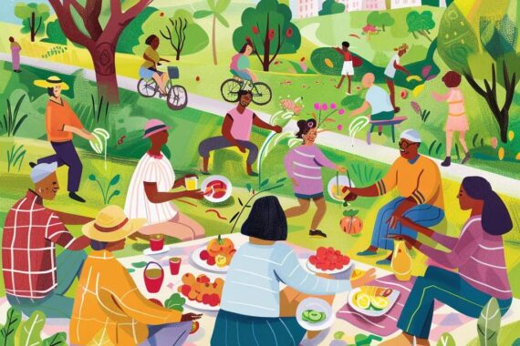 Diverse individuals in Orange County enjoying healthy meals and outdoor activities, representing weight loss journey with GLP-1 medications