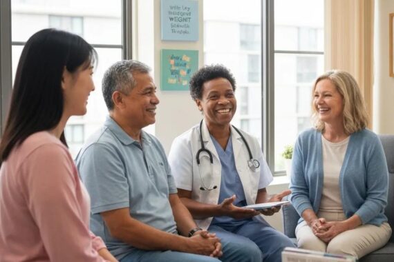 Diverse group of patients receiving personalized weight loss support in a clinic setting