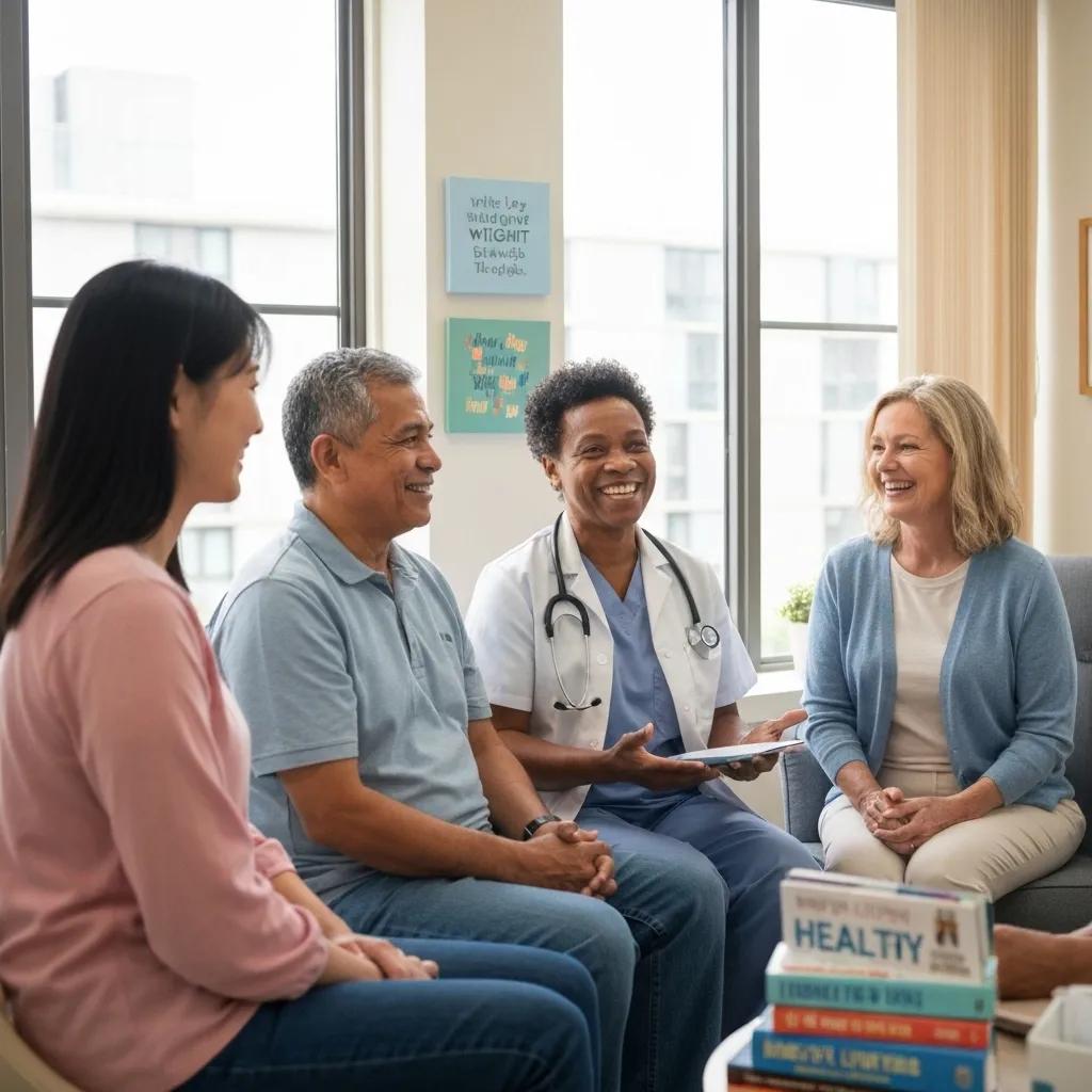 Diverse group of patients receiving personalized weight loss support in a clinic setting