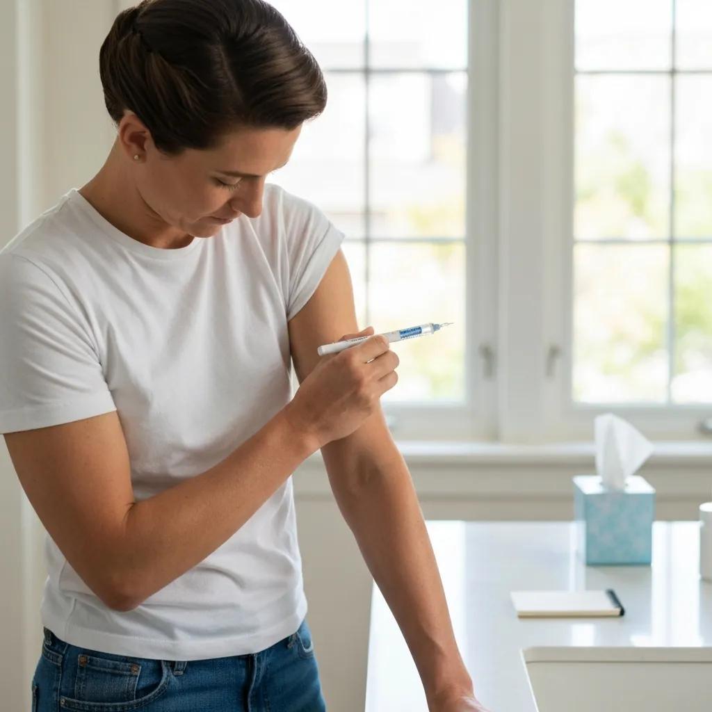 Person preparing to administer Wegovy injection with a prefilled pen